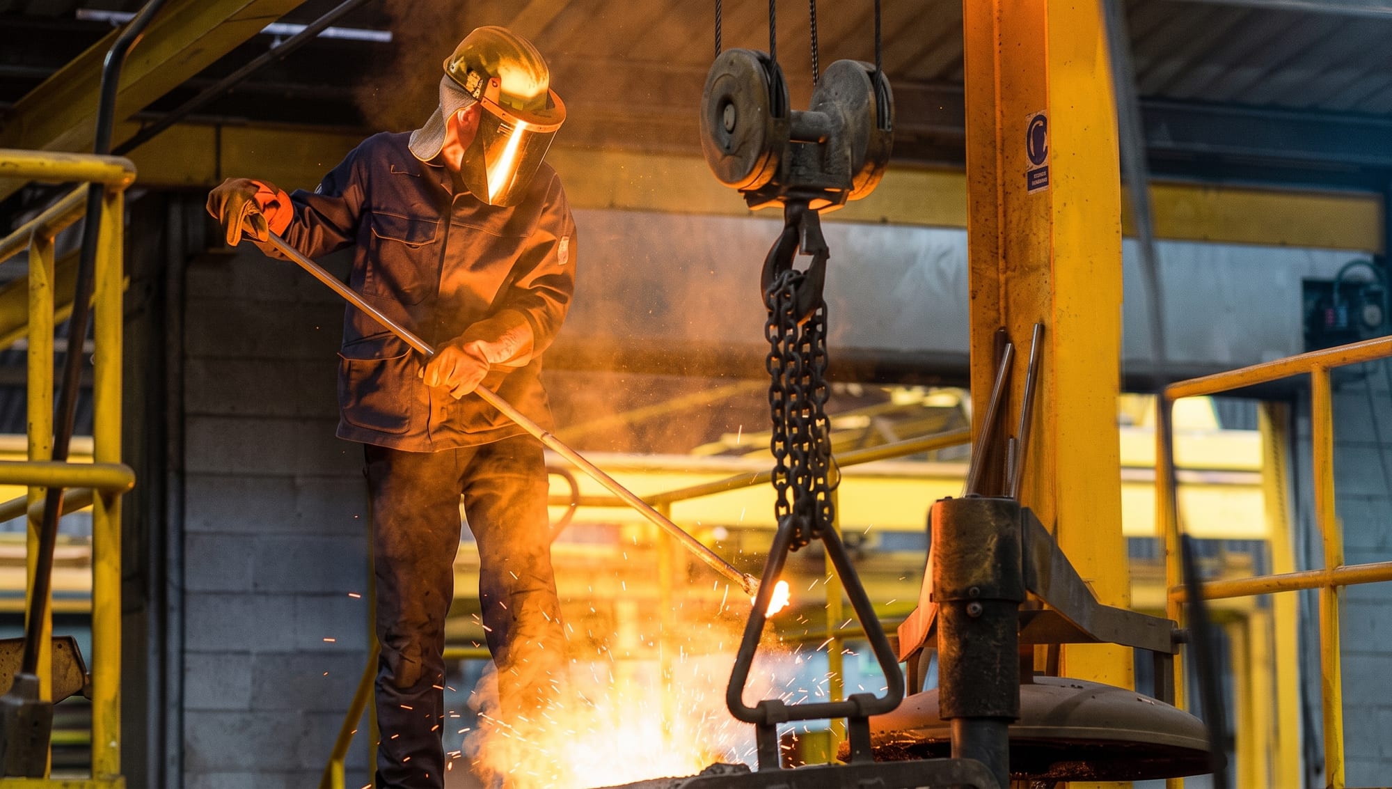 A foundryman in protective gear pouring molten metal at the Kettering works
