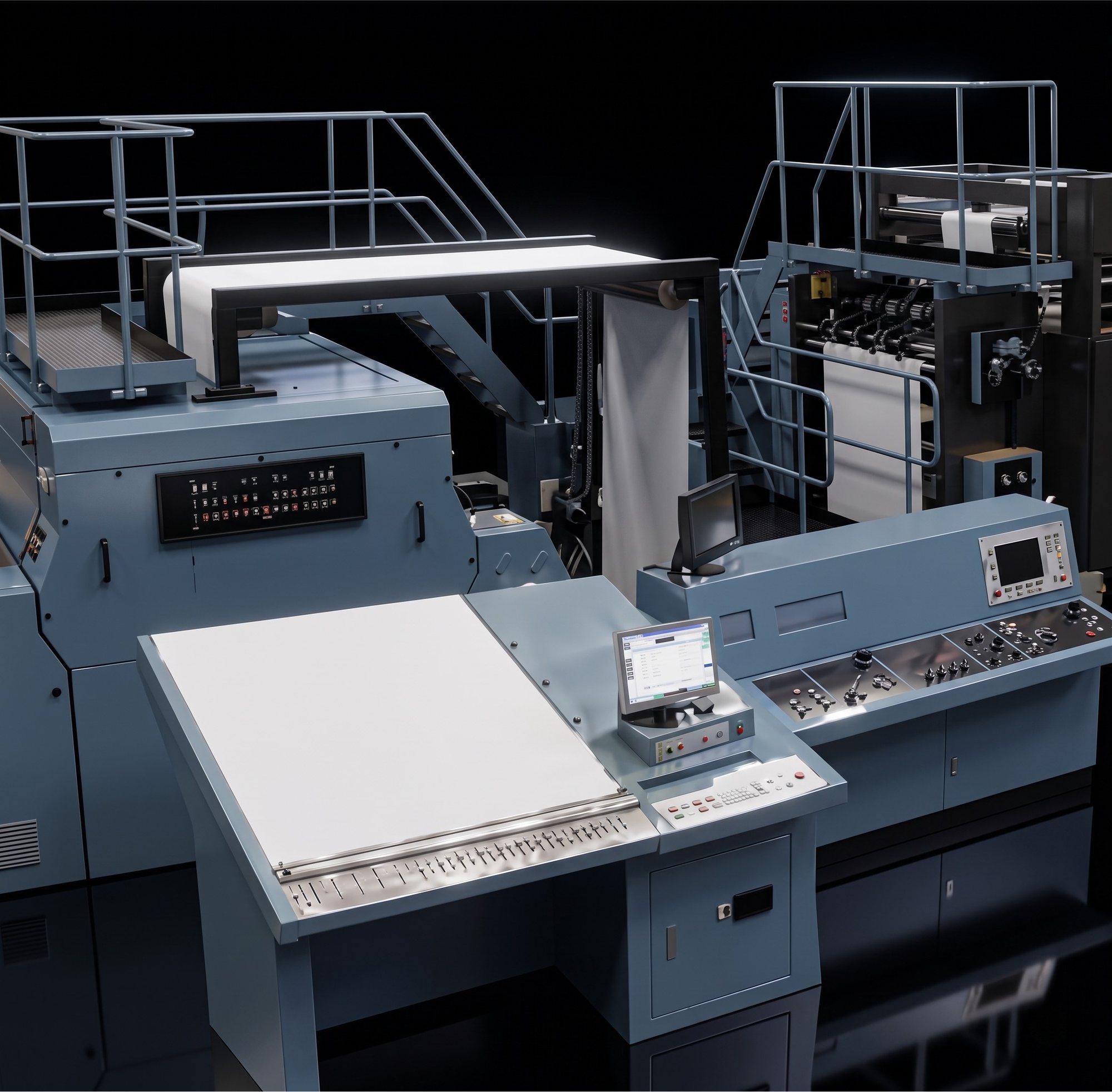 An operator at the control console of a Timson press